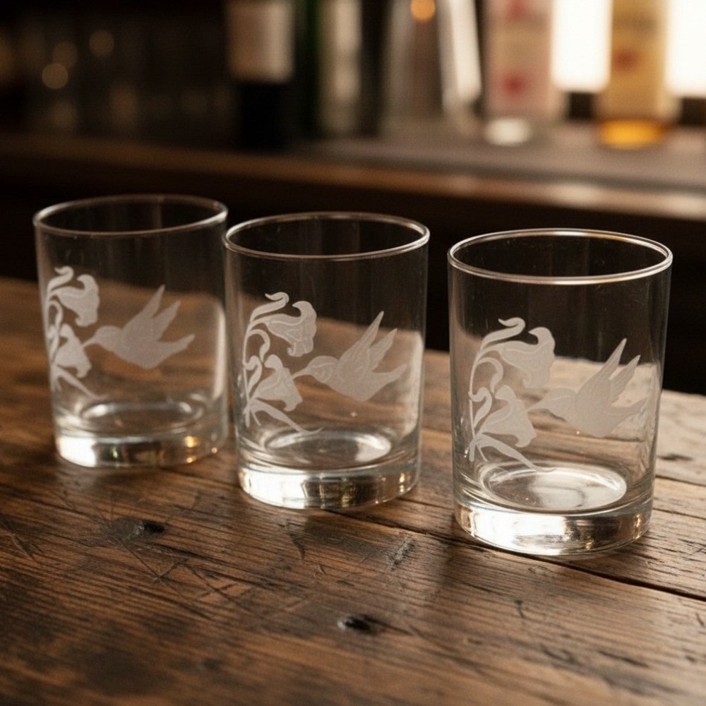 Etched Hummingbird Floral Rocks Glasses, Set of 3, Vintage Clear Lowball Tumbler